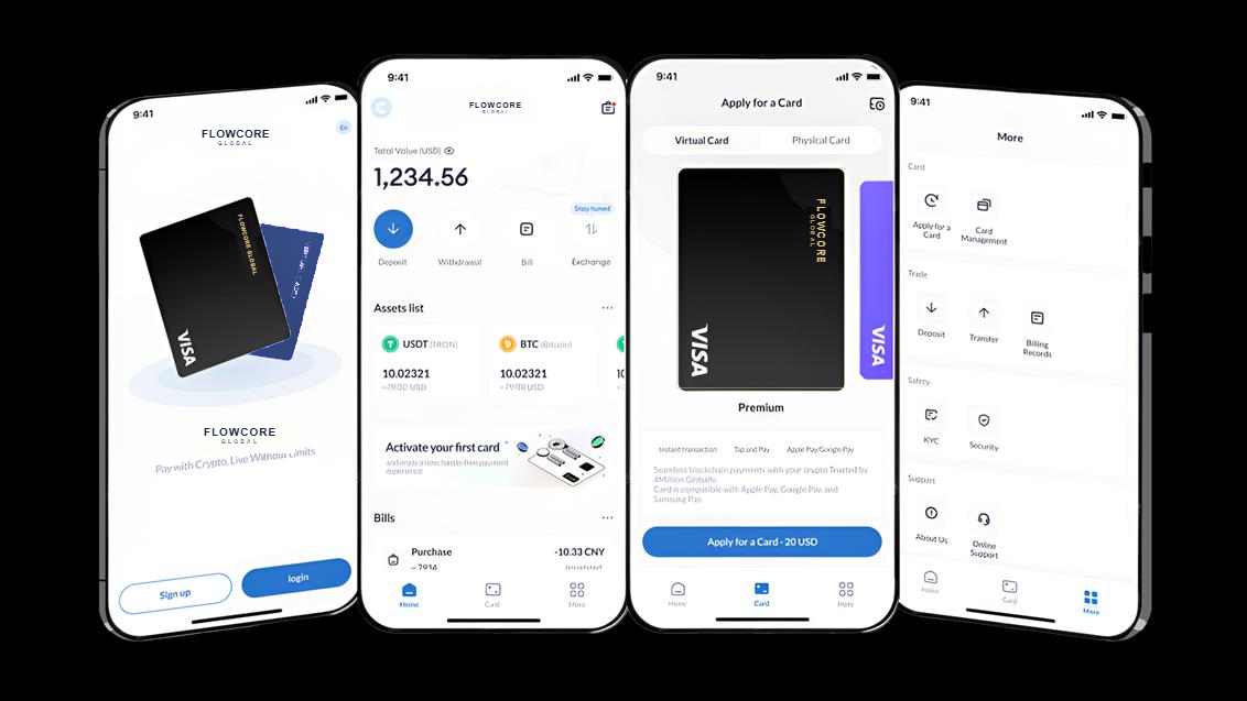 Flowcore Global card app — sign-up, balances, card application and settings